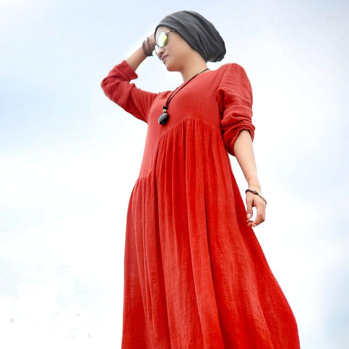 

Casual Dresses 2023 Autumn Dress Women Loose Vestidos Boho Cotton Linen Long Maxi Vintage Muslim, Jujube red