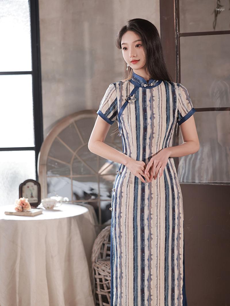 

Ethnic Clothing Women Short Sleeve Button Cheongsam Chinese Traditional Slim Costume Long Cotton Linen Qipao
