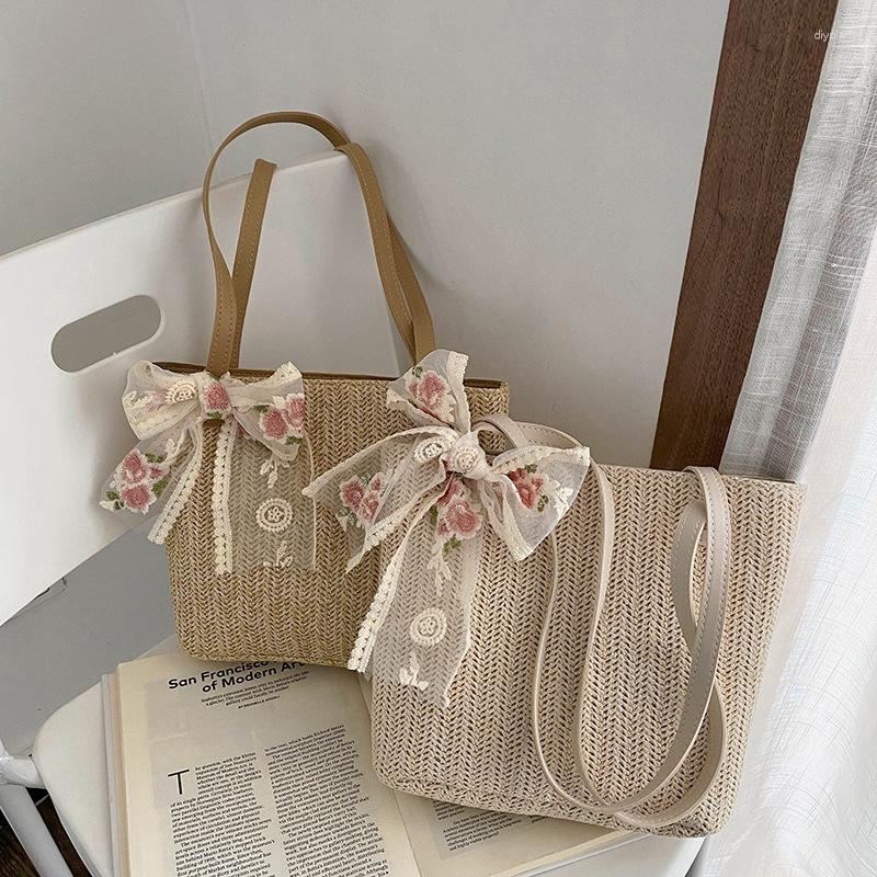

Evening Bags Vintage Women Woven Shoulder Bag Solid Color Lace Ribbon Trend Shopping Promotion For Ladies Handbag Woman 2023, White