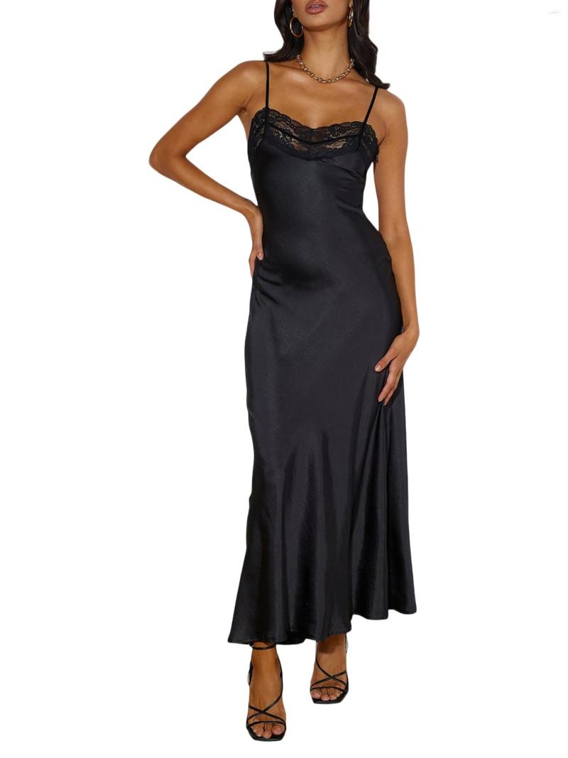 

Casual Dresses WONGCHOlCE Women Satin Cowl Neck Dress Sexy Spaghetti Strap Lace Trim Bodycon Long Slip For Formal Prom, Black