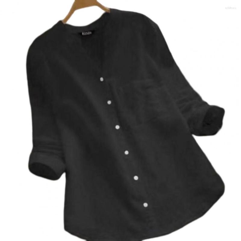 

Women's Blouses Women Summer Shirt Solid Color V Neck Regular Fit Button Closure Long Sleeve Dress-up Cotton Sweat Absorption Top, Yellow