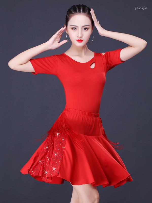 

Stage Wear Adult Women Latin Tops And Skirt Short Sleeved Clothing Ballroom Samba Cha Dancing Practice Costum Dancewear, S66 q14 black red