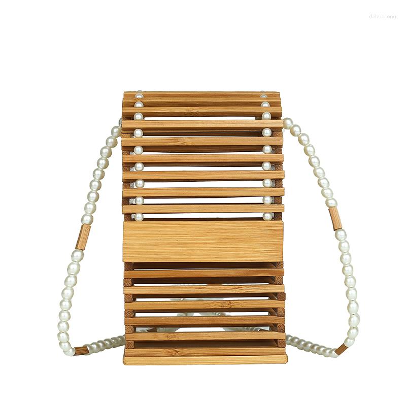 

Evening Bags Ins Unique Design Bamboo Woven Square Bag For Women Top Quality Pearl Chain Crossbody Luxury Mobile Phone Hollow Out