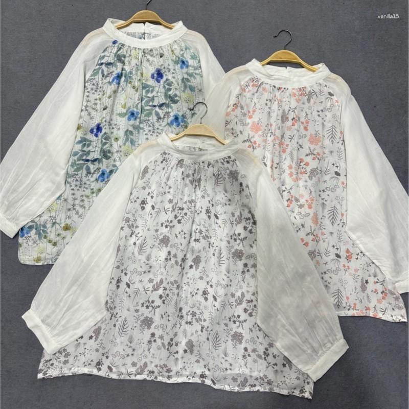 

Women's Blouses Johnature Linen Print Pullover Shirt Women Spring 2023 Loose Crewneck One Button Casual Vintage Female, Blue