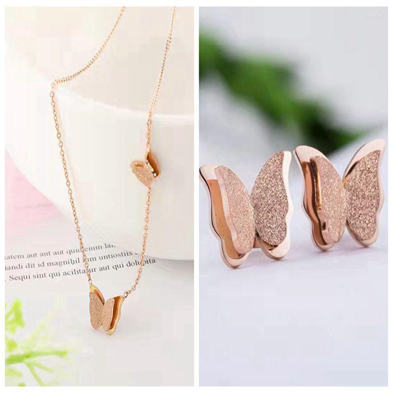 

Necklace Earrings Set Double Frosted Butterfly For Women 2023 Fashion Hudie Accessories Rose Gold Color Party Gifts, Picture shown