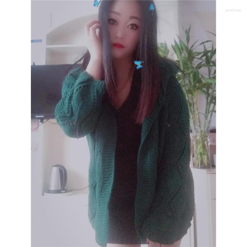

Women's Sweaters Korean Autumn Clothing Style Loose Slimming Big Fur Ball Hat All-Match Knitted Cardigan Coat Sweater Women, Green