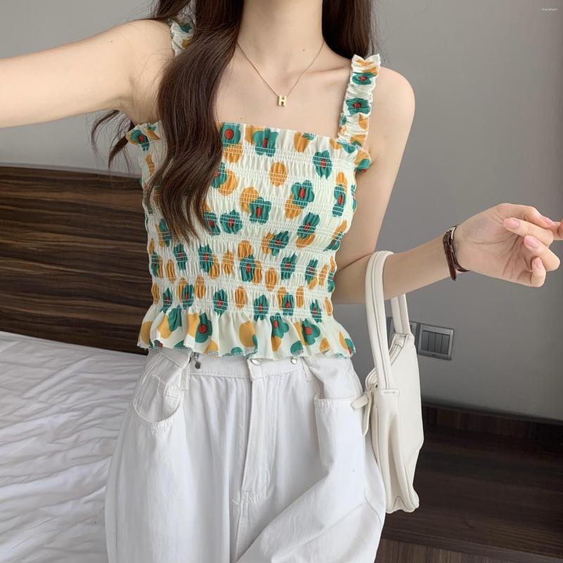 

Women's Tanks Sweet French Printed Tank Top Sexy Elastic Back Camisole Women Bottoming Wrap Chest Fashion Casual Korean Girls Streetwear, Red flower