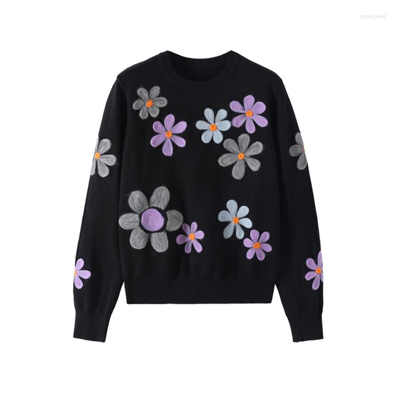 

Women's Sweaters Sweet Sweater Flocking Flower Korean Style Knitting Pullover Fashion Elegant Women Long Sleeve Top Winter Clothes, Black