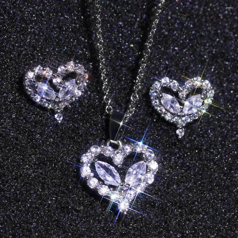 

Necklace Earrings Set Cute Silver Color Heart Bling Zircon Stone Long Chain Stud For Women Fashion Jewelry 2023, Picture shown
