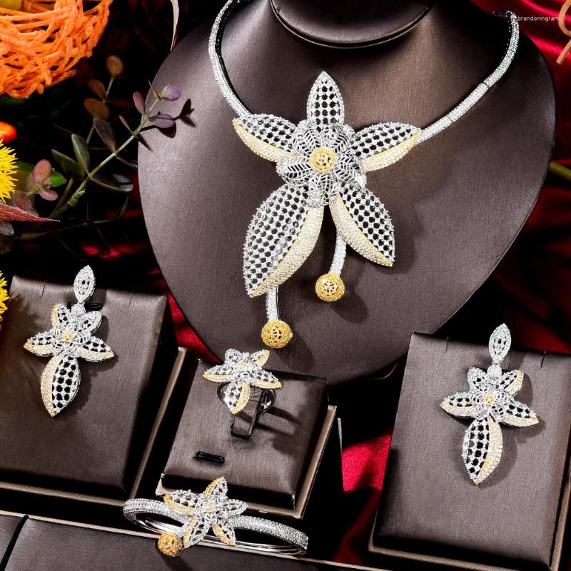 

Necklace Earrings Set Missvikki Luxury Shiny 4PCS Big Flower Bangle Ring For Women Cubic Zircon Wedding Bridal Jewelry, Picture shown