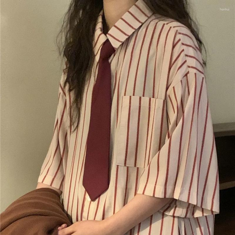 

Women' Blouses DAYIFUN Retro Striped Blouse Women Design Sense Niche Lapel Chic Shirt And Tie Casual Spring 2023 Tops Streetwear, Red