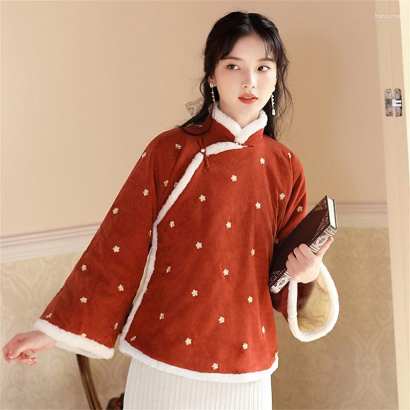 

Women' Trench Coats Chinese Style Autumn And Winter Clothing Retro Embroidery Thickened Padded Jacket Tang Suit Cotton Short Women Coat, Orange red