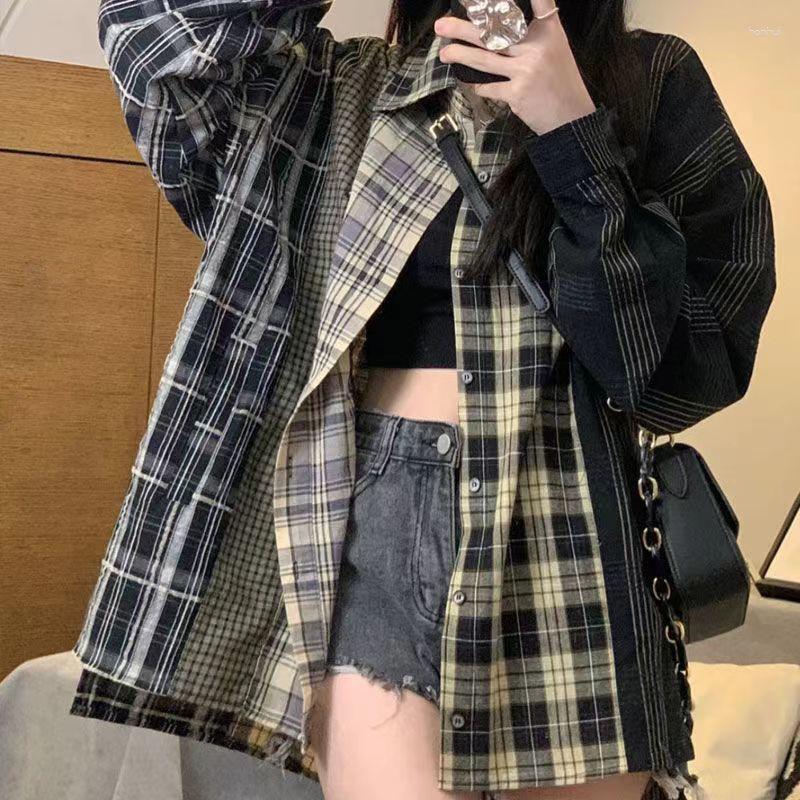 

Women's Blouses Vintage Patchwork Plaid Shirt Women Cardigan Top Grunge Korean Style Long Sleeve Loose Button Up Casual Streetwear, Picture