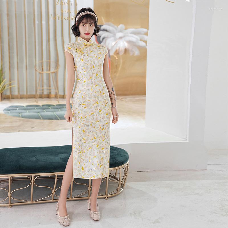 

Ethnic Clothing Spring Summer Chinese Women Traditional Qipao Short Sleeve Floral Print Lady Party Dress Female Long Fork Cheongsam