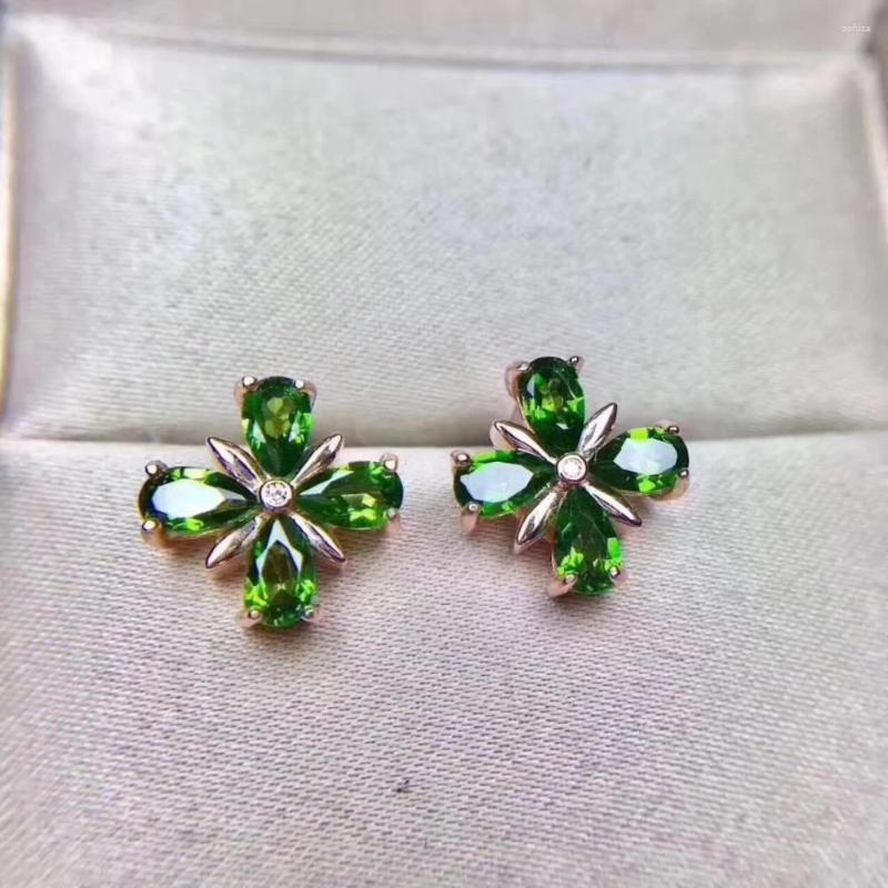 

Stud Earrings Natural Green Diopside Gemstone Elegant Lucky Clover 925 Silver Women Girl Party Gift Jewelry