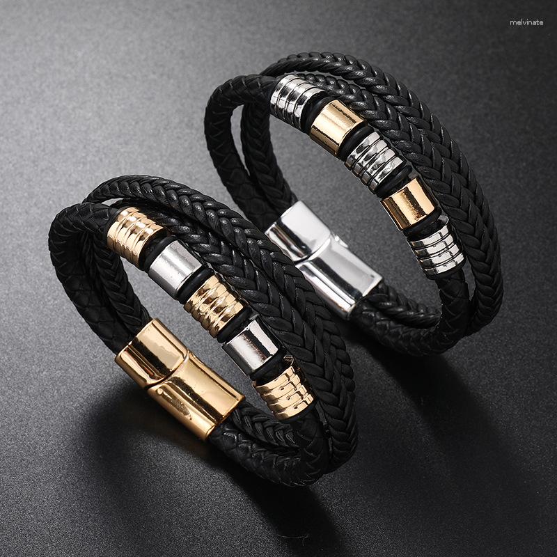 

Charm Bracelets Vintage Trendy Leather Woven For Men Multi-layer Retro Alloy Steel Magnet Clasp Chrm Jewelry Gifts Wholesale
