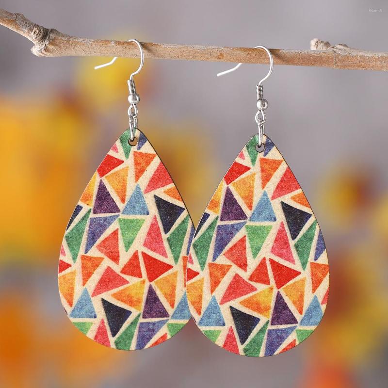 

Dangle Earrings Geometric Colorful Bohemian Triangle Print Double Sided Wood Water Drop Women Gift