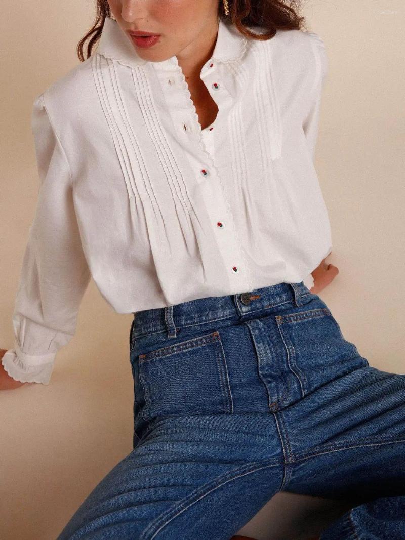 

Women's Blouses 2023 Women Turn-Down Collar White Pleated Blouse Lady Flowers Buttons Ruffles Puff Sleeve Sweet Shirt And Top
