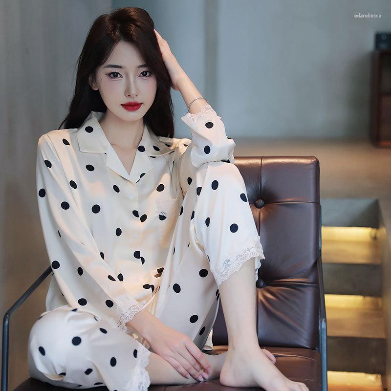 

Women's Sleepwear Summer Lace Pajamas Women Rayon Silkly Nightwear Casual Print Dot Top&pants 2Pcs Pjs Female Home Clothes Loungewear