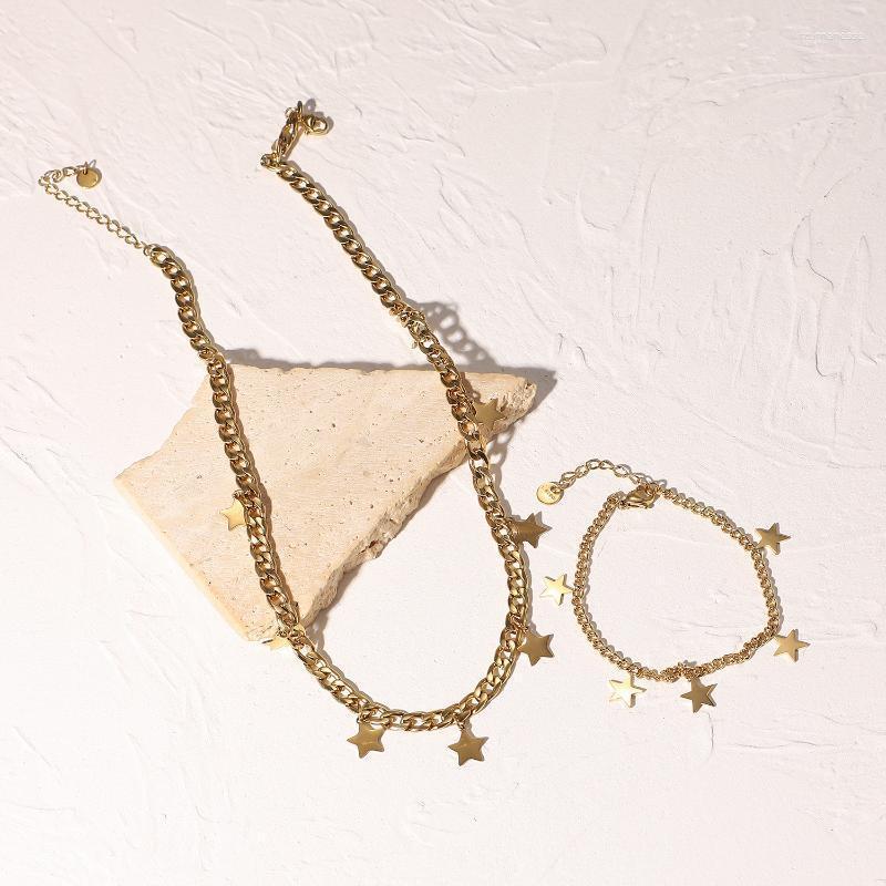 

Link Bracelets Chain Waterproof Stainless Steel Jewelry Set Chunky Cuban Bracelet Boho 14K Golden Star Tassel Pendant Necklace For Women