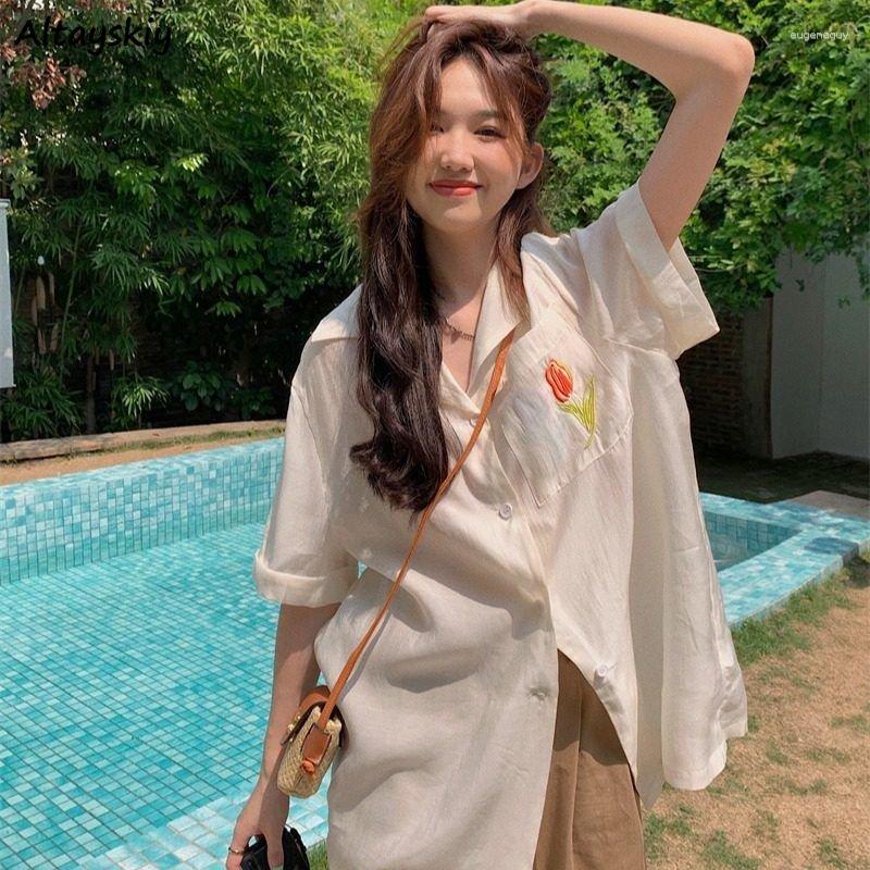 

Women' Blouses Shirts Women Summer Thin Short-sleeve Vintage Literary Sweet Soft Leisure Loose Ulzzang Students Korean Style Daily, Apricot