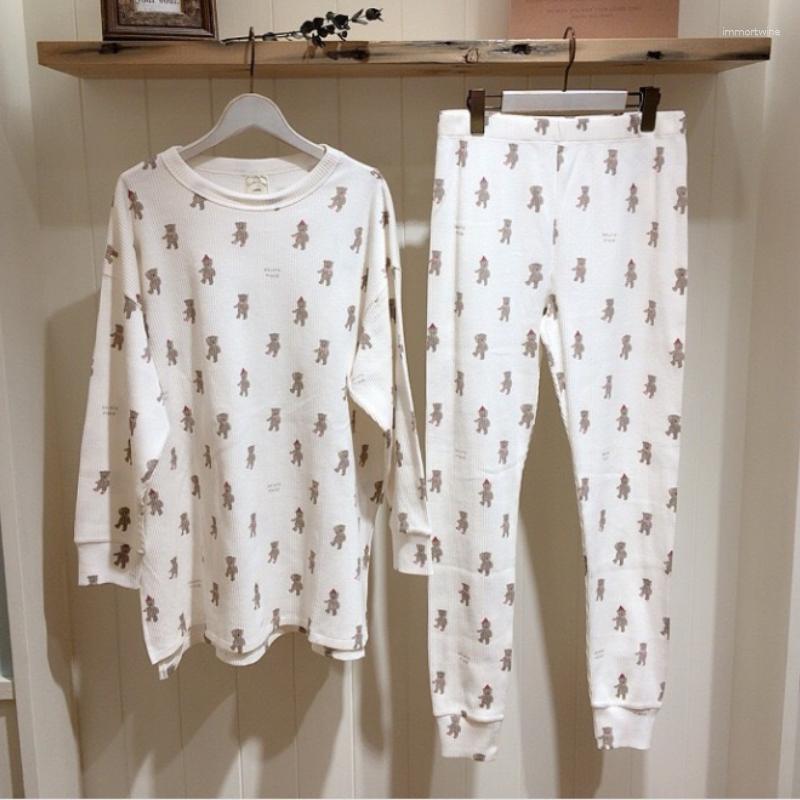 

Women's Sleepwear Fall Cute Bear Print Screw Thread Knit Cotton Pajamas Sets Soft Comfortable Loose Homewear Suit O-neck Long Sleeve, White