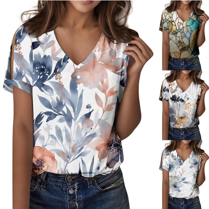 

Women' Blouses Women Summer Casual Hollow Short Sleeve V Neck Button Top Shirt Print Long Sleeves, Blue
