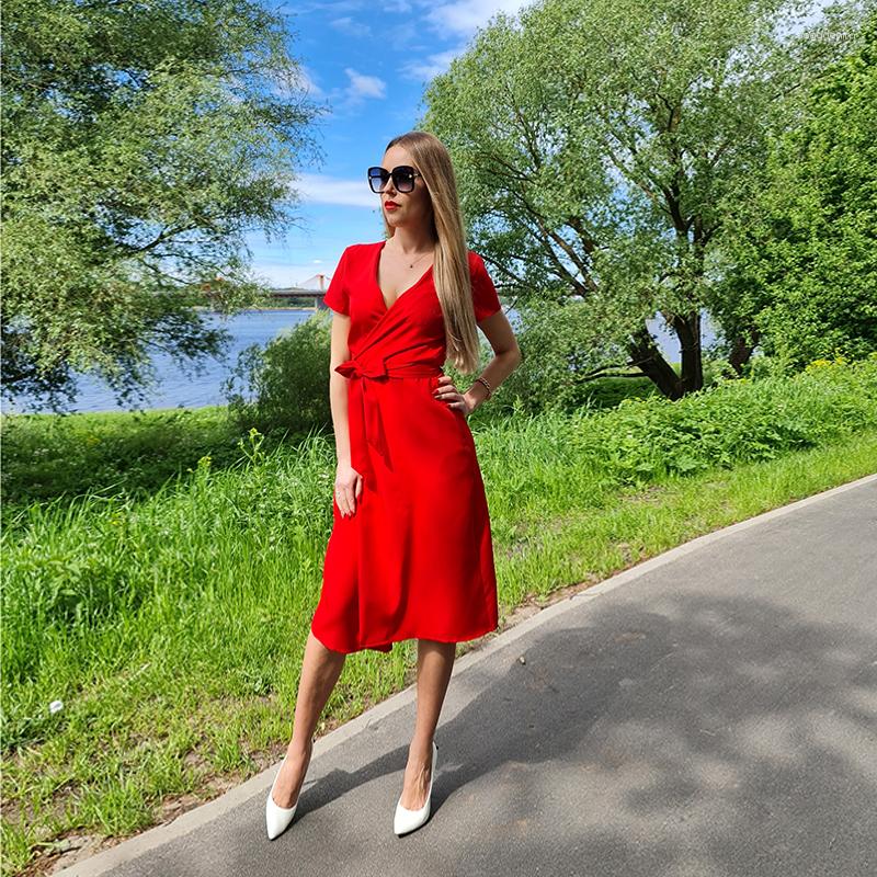 

Party Dresses Dabourfeel Women Sashes Waisted Casual Knee Dress Lady Sexy V Neck Solid Elegant Robe Female Short Sleeve Vestidos Summer, Green