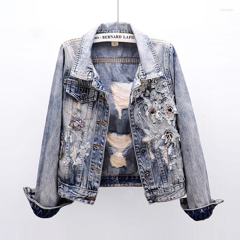 

Women' Jackets Retro Ripped Denim Jacket Spring Fashion Women Slim Flower Appliques Long Sleeve Chic Short Loose Jean, Picture shown