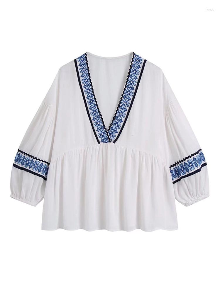

Women's Blouses Evfer Chic Lady Fashion Blue Embroidery Patchwork White Long Shirts Girls Spring Casual V-Neck Short Sleeve Loose Pullover, As photo