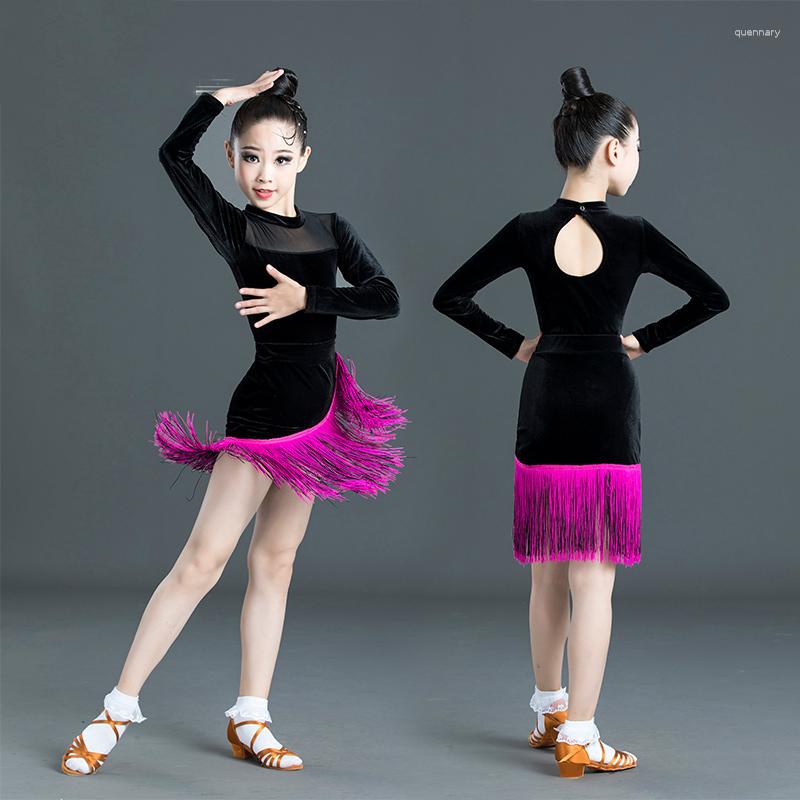 

Stage Wear Kids Latin Dance Dress For Girls Ballroom Competition Clothing Costume Black Tops Split Tassels Skirts Practice Clothes SL2278, Picture shown