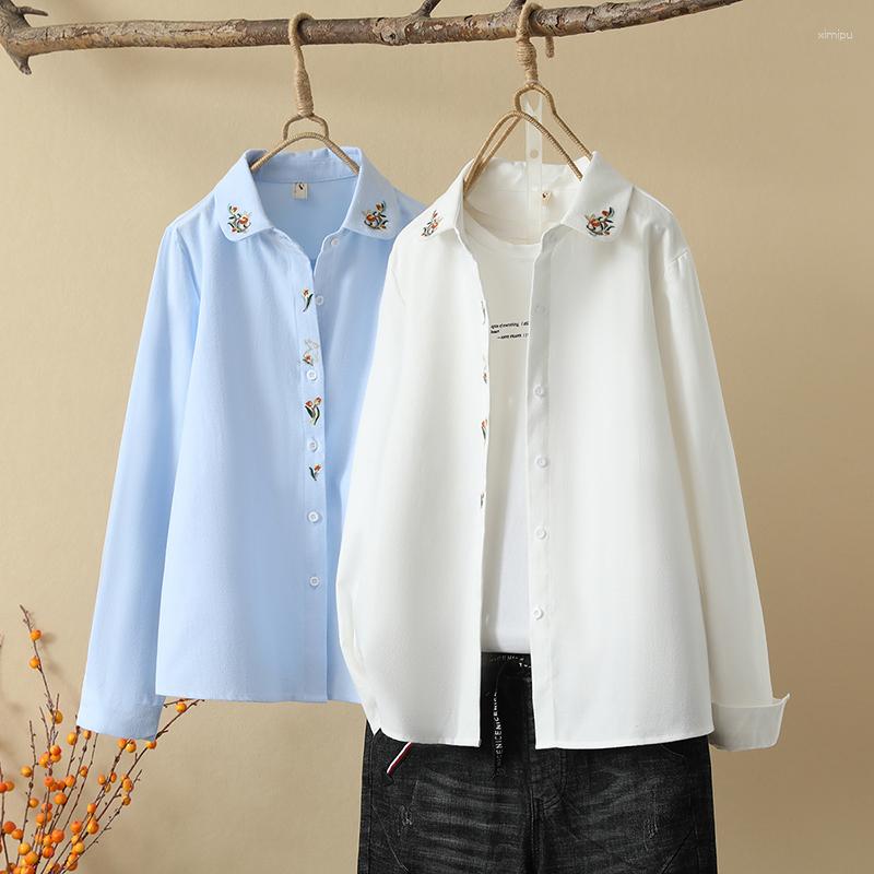 

Women' Blouses Fresh Embroidered Cotton Women' Long Sleeve Shirts 2023 Spring Casual Women And Tops Female Clothes Blusas, Blue