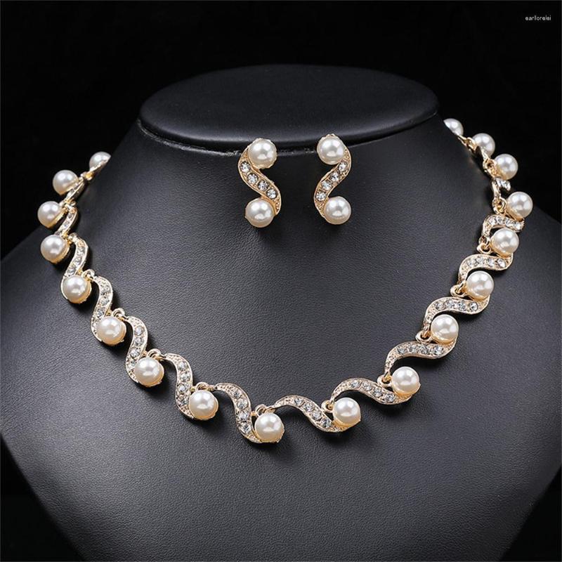 

Necklace Earrings Set Charm Crystal Gem Pearl Drop Collar Earring Wedding Jewelry Woman's Elegant Bridal Valentine's Gift, Picture shown