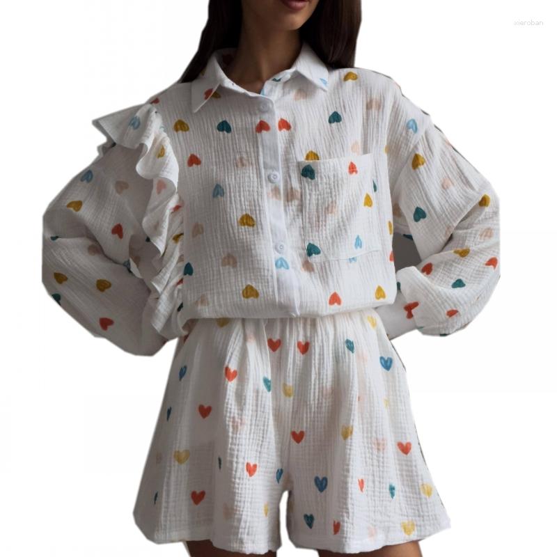 

Ethnic Clothing Fashion Ruffle Cotton Linen Heart Print Homewear Girls's Set With Pockets 2 Pieces Sweet Shirt Top And Shorts Outfit For