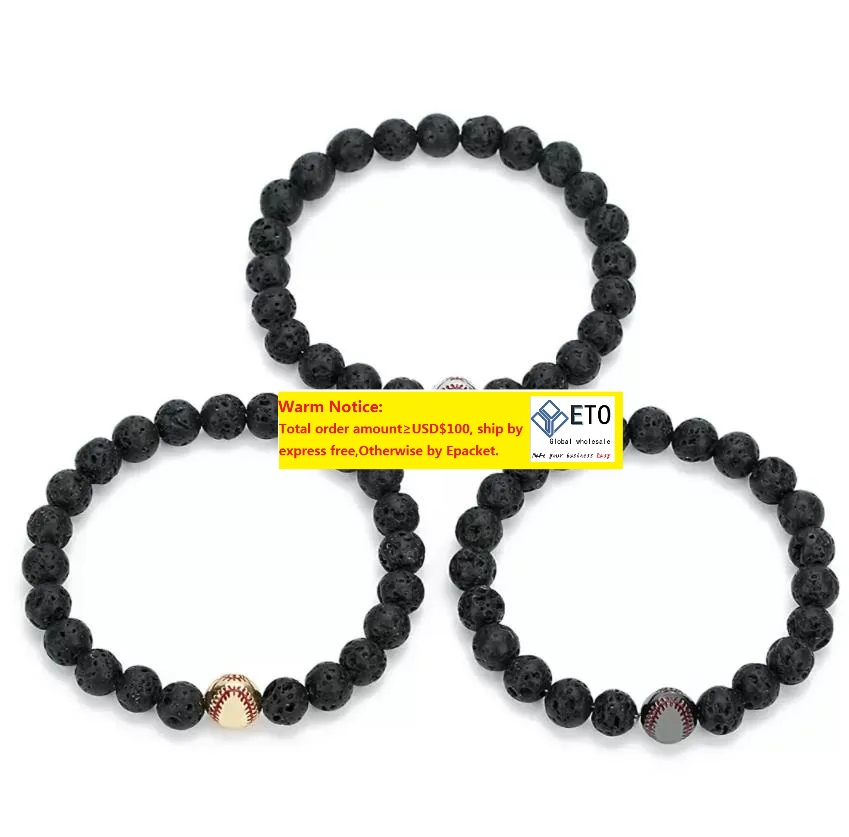 

Charm Bracelets Copper Baseball Ball Charms Strand Bracelet 8Mm Black Lava Stone Beads Volcano Diy Essential Oil Diffuse