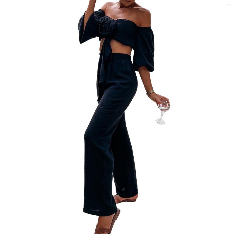 

Women' Two Piece Pants Women Suit Party Casual Summer Half Sleeve Off Shoulder Crop Shirt Straight Long Trousers