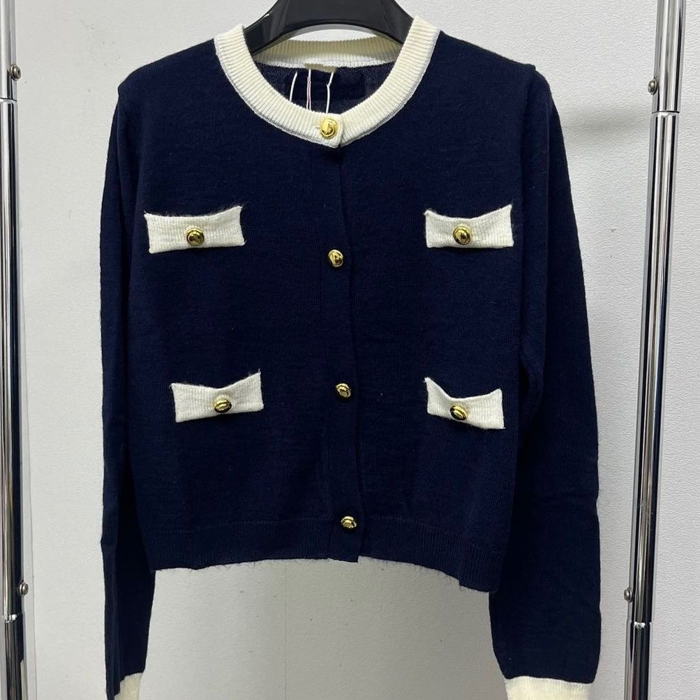 

Xiaoxiang M Slim Fit Slim Wool Top Zhang Yuanying Knitted Sweater Cardigan Short Women, Tibetan blue