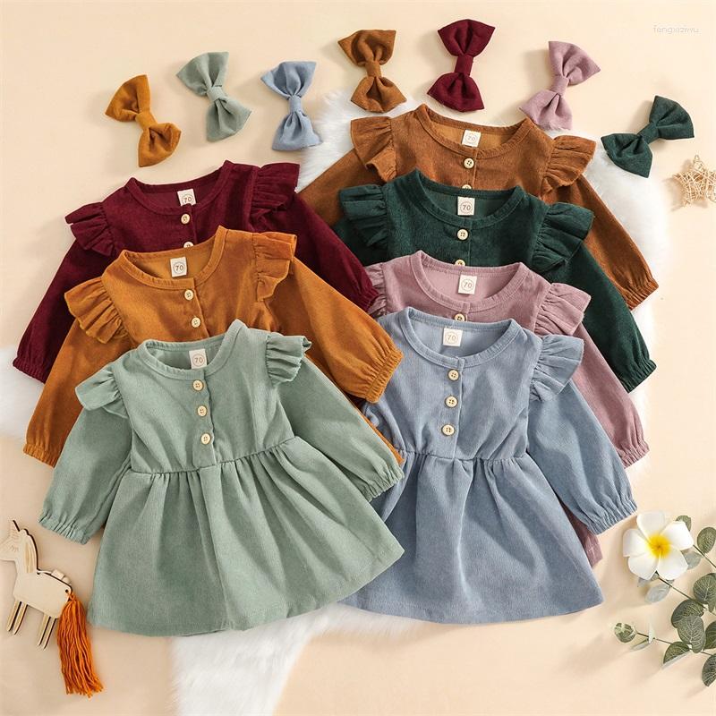 

Girl Dresses FOCUSNORM 7 Colors Autumn Baby Girls Princess Dress 2pcs Solid Ruffles Long Sleeve Button Corduroy A-Line Headband, Yellow