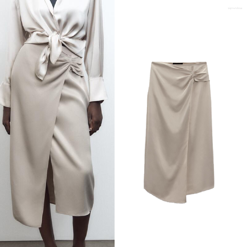 

Skirts COS LRIS European And American 2023 Summer Women's Commuting Pleated Silk Satin Texture Skirt 3666073, Khaki