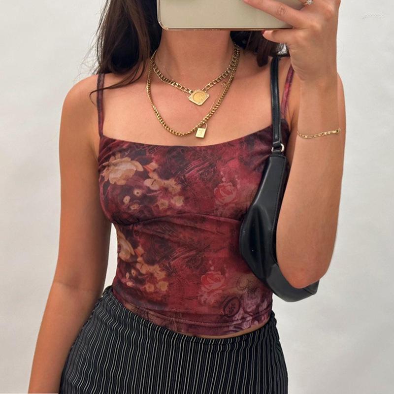 

Women' Tanks Red Vintage Floral Print Y2K Cami Top Women Aesthetic Cute 2000s Camisole Sleeveless Slim Cropped Summer Vest Tops, Maroon