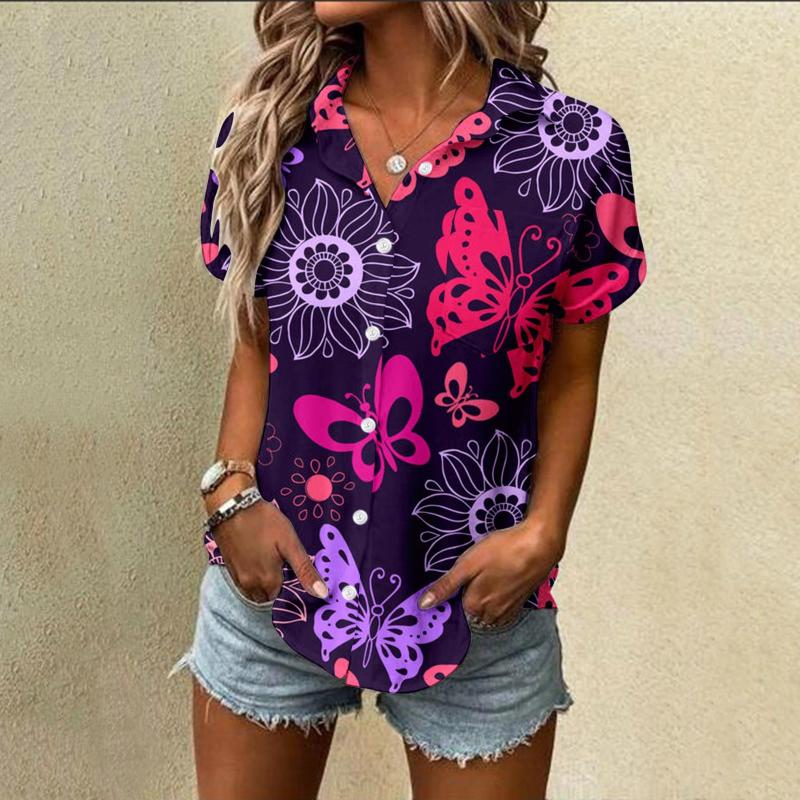 

Women' Blouses Womens Spring Summer Flower Printed Short Sleeve V Vintage Work Wear European American Style Print Geometric Ethnic, Purple