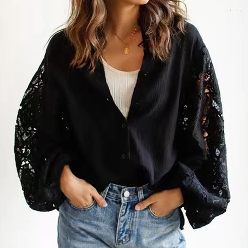 

Women's Blouses 2023 Casual Hollow Out Long Sleeve Shirts Loose Simple Blouse Women Elegant Lace Cotton Button Ladies Tops Vintage Clothes, Black