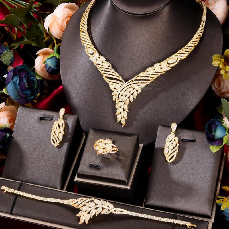

Necklace Earrings Set GODKI Leaf Charms 4Pcs Luxury Nigerian Jewelry For Women Wedding Cubic Zircon Dubai Bridal Earring Bangle Ring, Picture shown