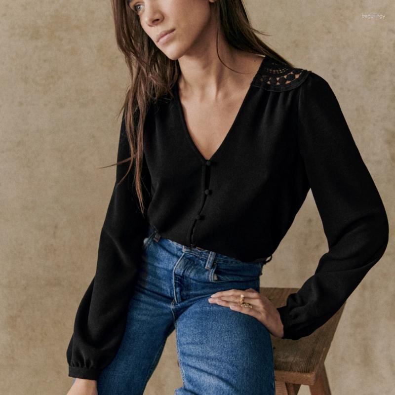 

Women' Blouses 2023 Spring And Summer Hollow V-neck Long-sleeved Women White Shirt, Black