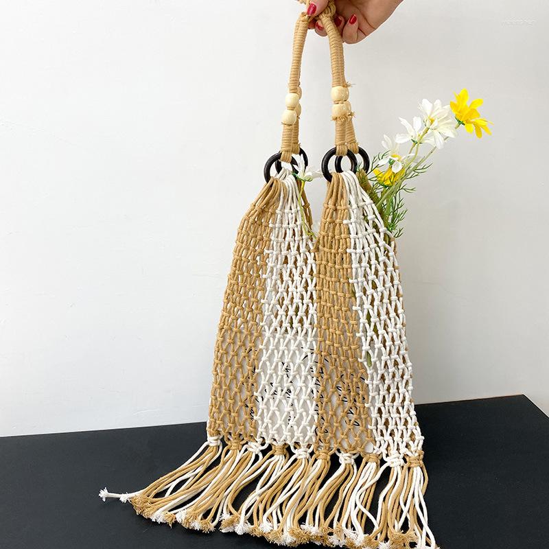 

Evening Bags Bohemian Tassel Design Cotton Rope Hollow Straw Bag Tote 2023 Shoulder Net Pack Vintage Retro Chic Handbag, Khaki