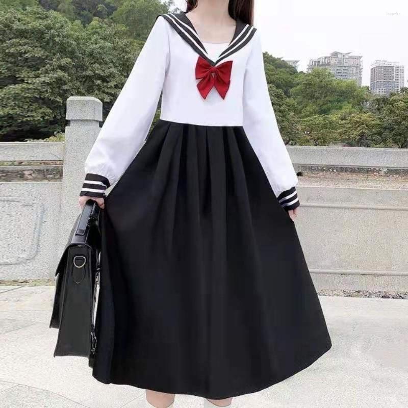 

Casual Dresses MAGOGO Navy Collar Black Dress Female Britain Loose College Style Long, Short sleeve
