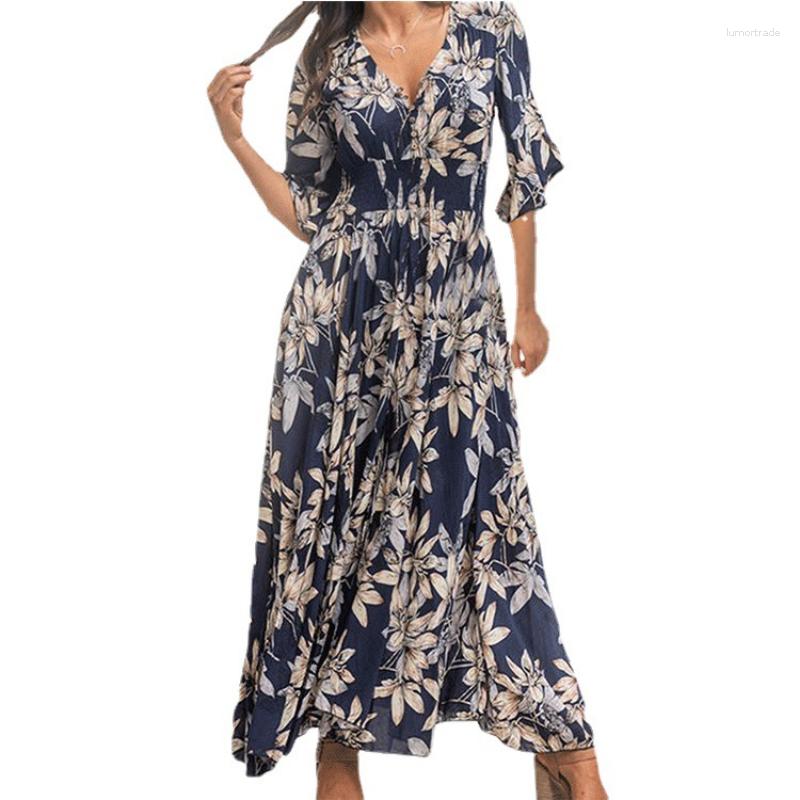

Casual Dresses Women Sexy Ins Short Sleeve V Neck High Waist Corset Vacation Dress Elegant Fashion Summer Floral Print Bohemian, Dark blue