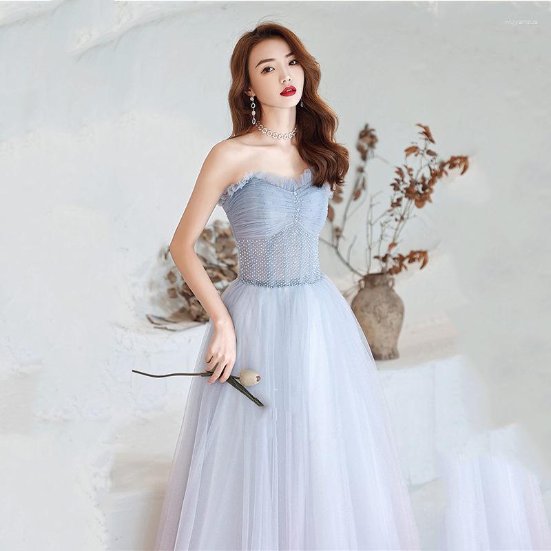 

Ethnic Clothing Arrival Women Blue Tube Top Evening Dresses Fairy Beading Prom Party Dress Vestidos De Fiesta