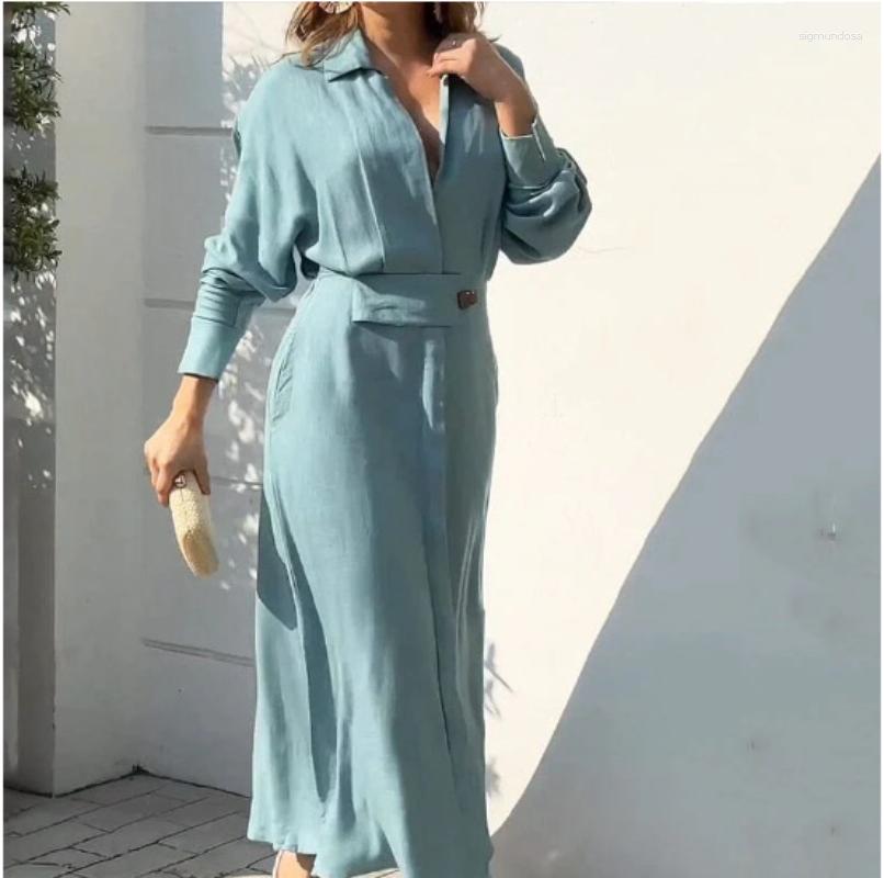 

Casual Dresses Women' Shirt Dress V Neck Lapel Full Sleeve With Pockets Long Skirt Spring Lady Streetwear Office Vestido, Green