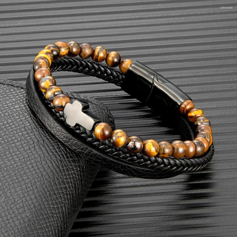 

Charm Bracelets MKENDN Punk Men Red Tiger Eyes Lava Stone Beaded Multilayer Leather Cross Bracelet Black Stainless Steel Magnet Buckle Gifts